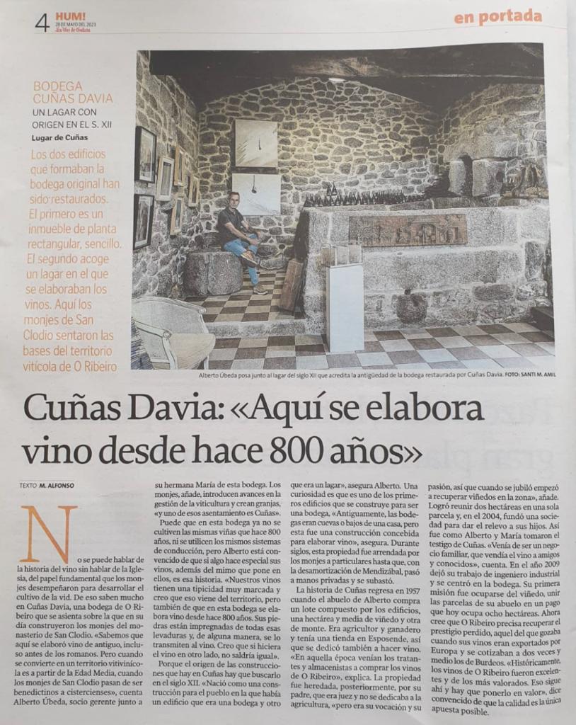 Captura de la edición en papel del artículo sobre las bodegas más antiguas de Galicia, entre las que se encuentra Cuñas Davia
